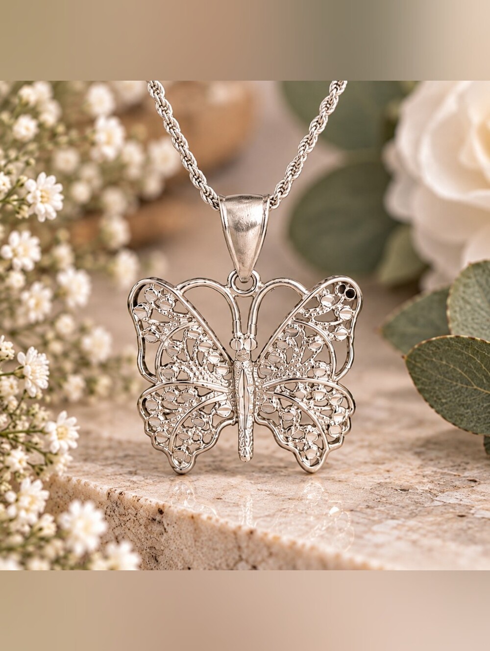 Vintage 925 Sterling Silver Filigree Butterfly Necklace – Italy
